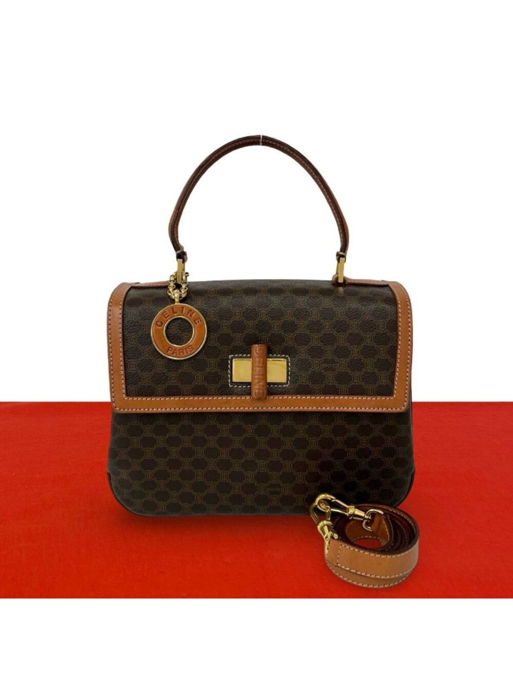 Celine Circle Logo Macadam Blason Pattern Leather 2-Way Shoulder Bag Brown
